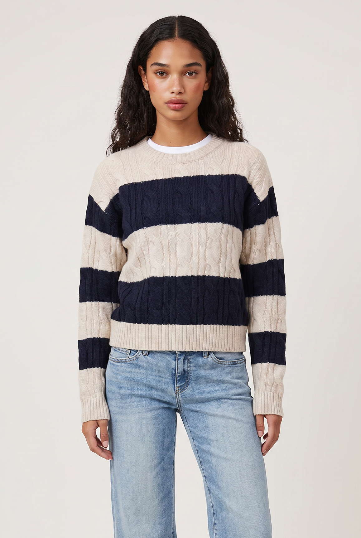 Teddy Stripe Cable Crew